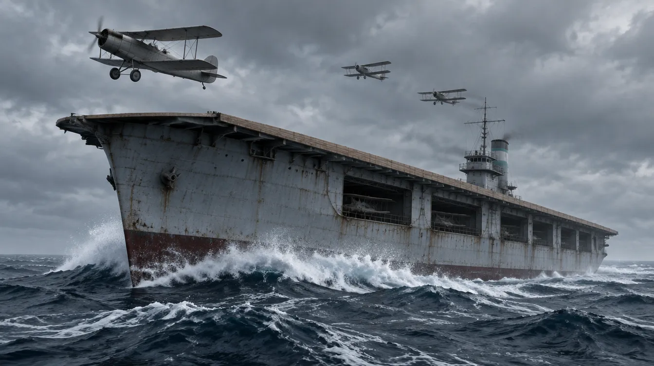 Carrier Calvessa membelah ombak kelabu sementara sebuah biplane lepas landas dari geladak kayu dan dua lainnya sudah di udara.