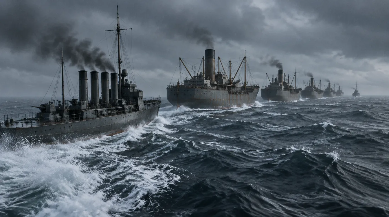 Empat kapal uap berkarat berlayar beriringan di laut hujan, dikawal destroyer bercerobong empat di latar depan.