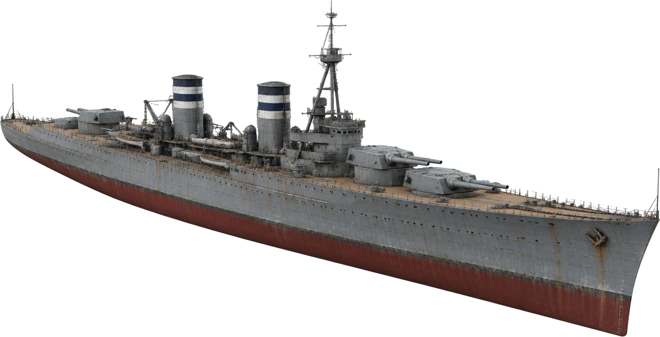 Battlecruiser Kilbrannan dengan haluan tinggi melebar, tiga turret kembar, dan dua cerobong bergaris putih dan biru tua.