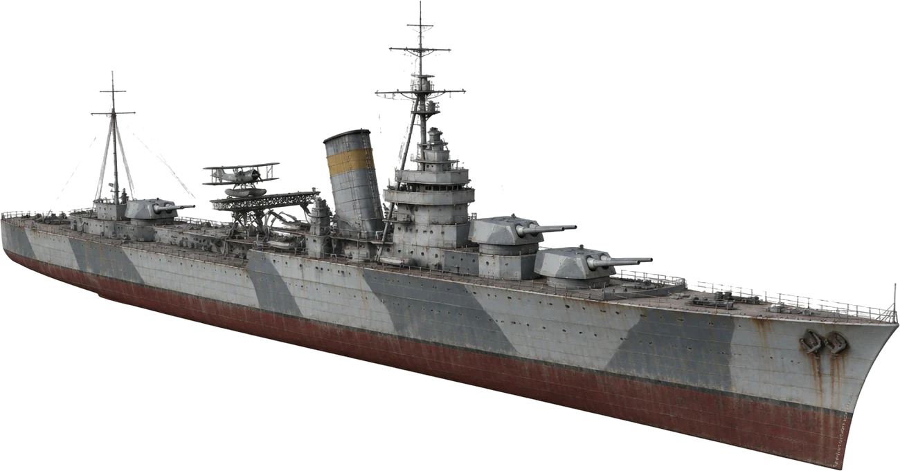 Cruiser Hraunvik dengan kamuflase kelabu bersudut, satu cerobong bergaris kuning belerang, dan pesawat apung di ketapel.