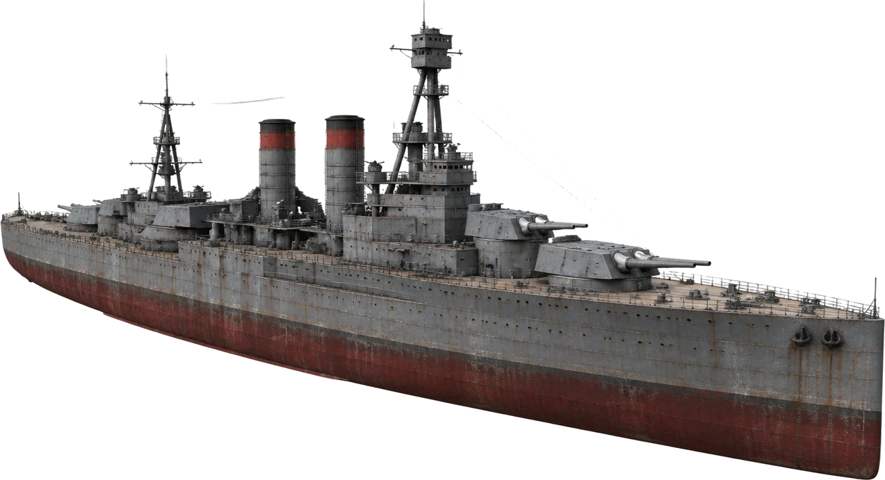 Battleship Brezno dilihat dari haluan kanan, empat turret kembar dan dua cerobong bergaris merah karat.