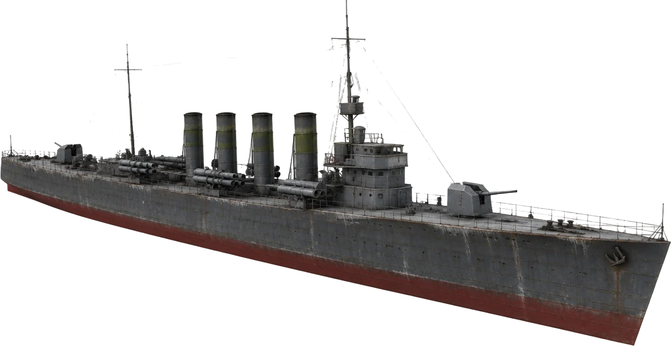 Destroyer Vihta dengan lambung rendah panjang, empat cerobong bergaris hijau zaitun, dan peluncur torpedo di tengah kapal.