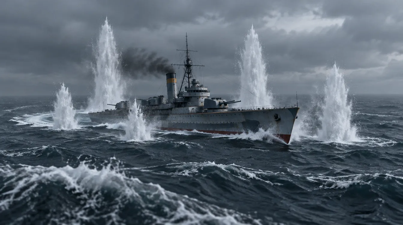 Cruiser Hraunvik berbelok tajam sementara enam kolom air dari salvo berat naik di depan, di belakang, dan di sisinya.