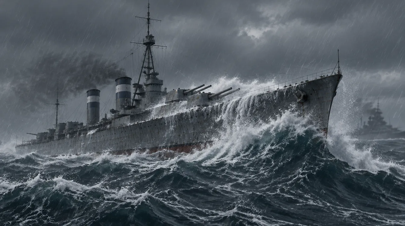 Battlecruiser Kilbrannan menghunjamkan haluannya ke ombak besar di tengah hujan, air putih menyapu turret depan.